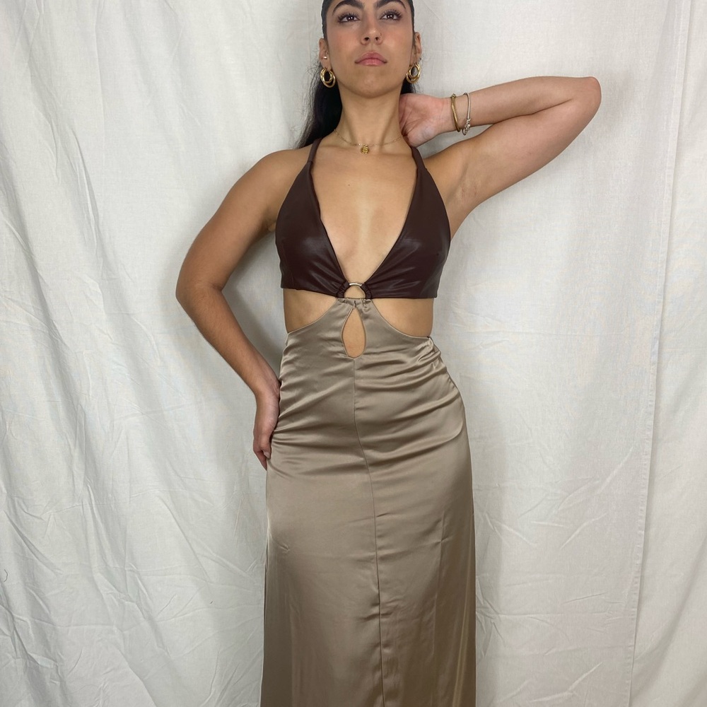 Brown and Tan Halter Maxi Dress